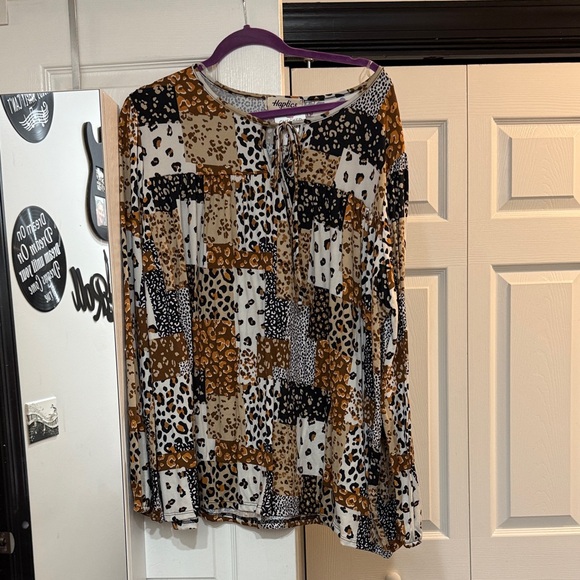 Haptics Tops - Haptics Leopard Patchwork Blouse - Brown, Black, White